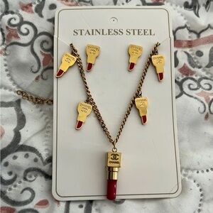 Elegant Gold and Red Lipstick Necklace Set